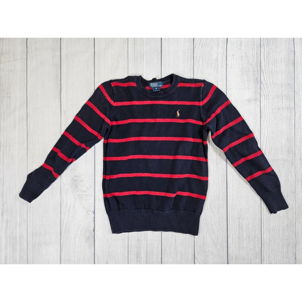 Polo Ralph Lauren Sweater Boys Medium Navy Red Striped Cotton Crewneck Knit